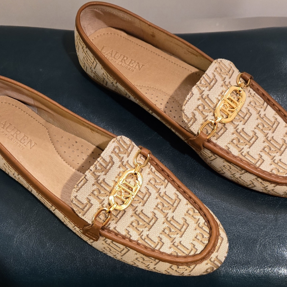Lauren Ralph Lauren Tan Monogram Loafers with Gold Detail